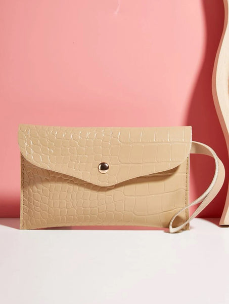 Apricot Crocodile Embossed Flap Purse With Wristlet