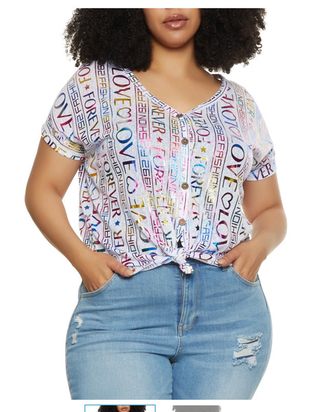 Plus Size White Knot Front Foil Screen Tee