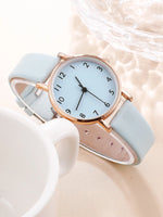 Light Blue Simple Round Pointer Quartz Watch & Bracelet