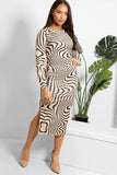 Mocha Zebra Print Ruched And Split Side Midi Dress 
