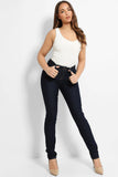 Navy Contrast Stitch Mid-Rise Waist Straight Jeans 