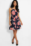 Navy Floral Print Button Front Pinafore Dress
