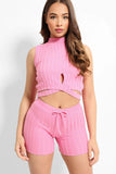 Pink Half Cross Wrap Knitted Crop Top And Shorts Lounge Set 