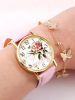 Pink Flower Round Pointer Quartz Watch & Bracelet