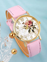 Pink Flower Round Pointer Quartz Watch & Bracelet
