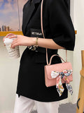 Pink Twilly Scarf Decor Croc Embossed Bucket Bag