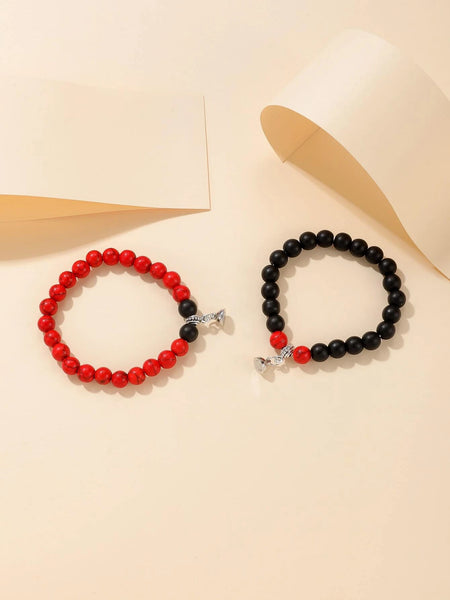 Red/Black Couples 2pcs Round Beaded Bracelet