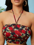 Red Floral Halterneck Tie Back Floral Crop Top & Bodycon Skirt Set