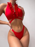 Red Frill Trim Halter Bikini Swimsuit