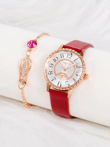 Red Round Pointer Quartz Watch & Bracelet