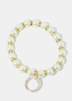 Rhinestone-Studded Charm Pearl Bracelet - Gold Circle