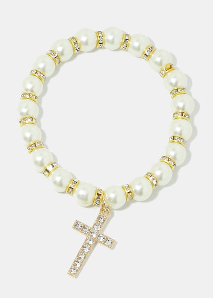 Rhinestone-Studded Charm Pearl Bracelet - Gold Cross