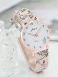 Rose Gold Floral Strap Round Pointer Quartz Watch & Bracelet