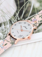 Rose Gold Floral Strap Round Pointer Quartz Watch & Bracelet