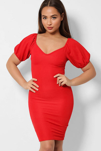 V-Neck Puff Sleeves Mini Bodycon Dress - Red