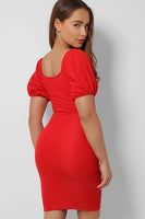 V-Neck Puff Sleeves Mini Bodycon Dress - Red