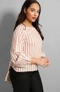 Striped Balloon Sleeves Back Tie Cotton Blouse