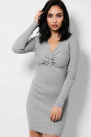 Grey Twist Front Knitted Dress