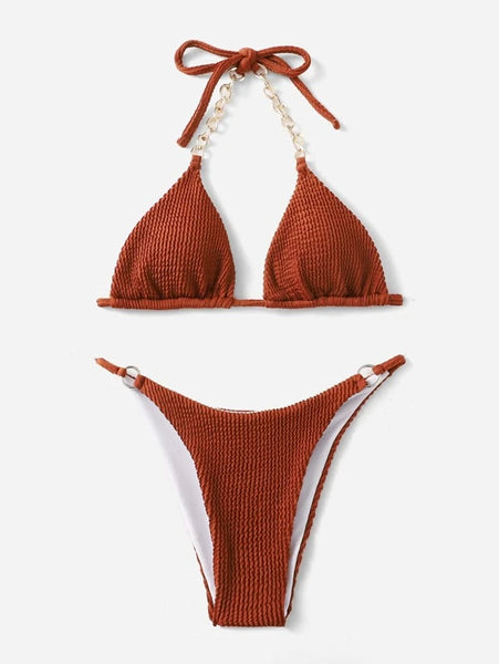 Textured Ring Linked Micro Triangle Bikini Swimsuit
