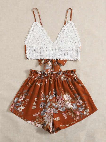Tie Back Crochet Cami Top & Paperbag Waist Floral Shorts Set