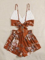 Tie Back Crochet Cami Top & Paperbag Waist Floral Shorts Set