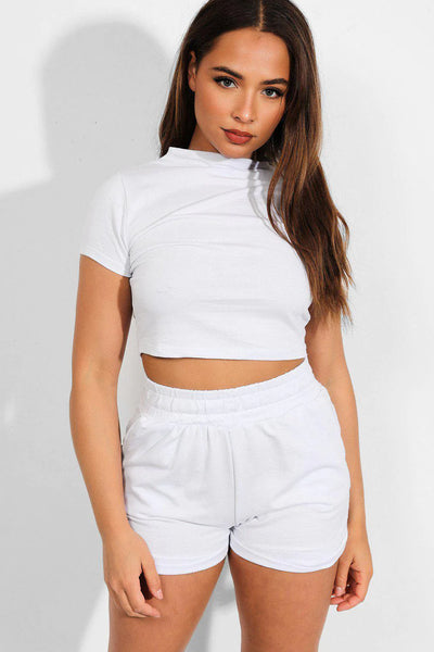 White High Neck Crop Top And Hot Pants 2 Piece Set 