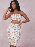 White Floral Print Tube Top and Skirt Set