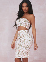 White Floral Print Tube Top and Skirt Set