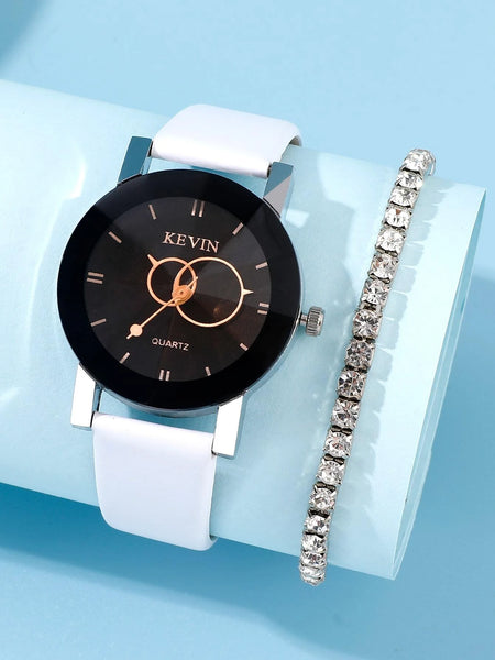 White Round Pointer Quartz Watch & Bracelet