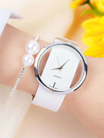 White Simple Round Pointer Quartz Watch & Faux Pearl Bracelet Set