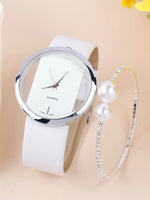 White Simple Round Pointer Quartz Watch & Faux Pearl Bracelet Set