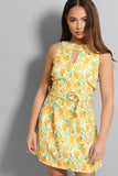 Yellow Choker Neck Oranges Print Linen Blend Midi Dress