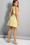 Yellow Choker Neck Oranges Print Linen Blend Midi Dress